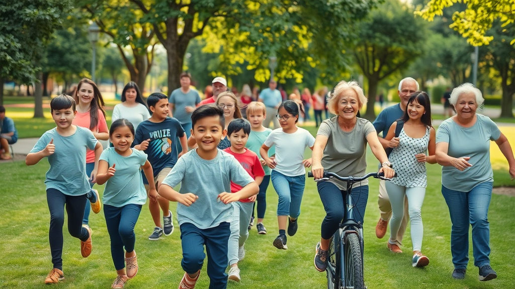 physical activity by age group with a vibrant group of people of various ages—from preschool children to seniors—engaged in different outdoor physical activities, joyful expressions, walking, running, cycling, and playing in a lush green park