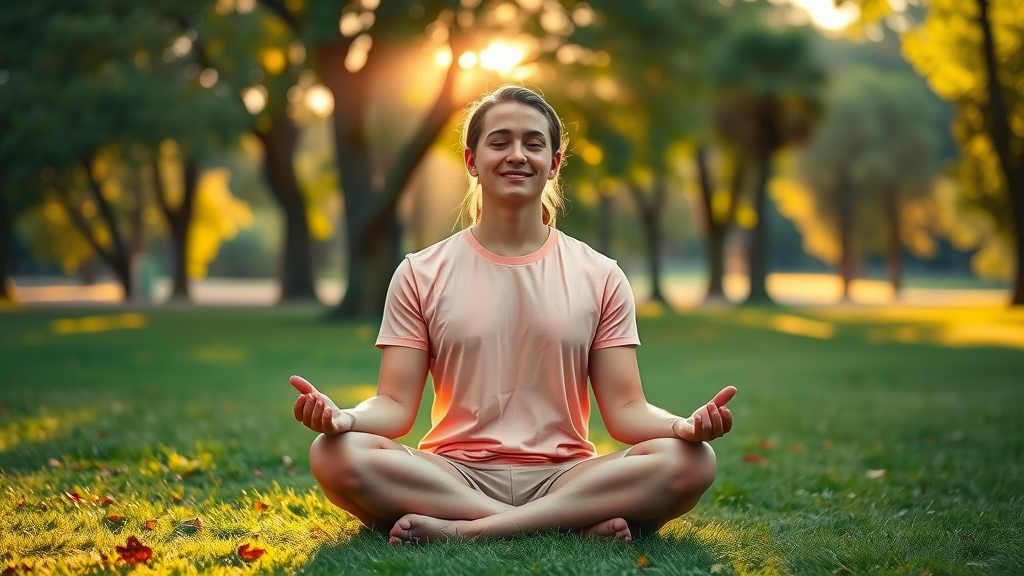vibrant young adult meditating for mental health and wellness outdoors in a sunlit park