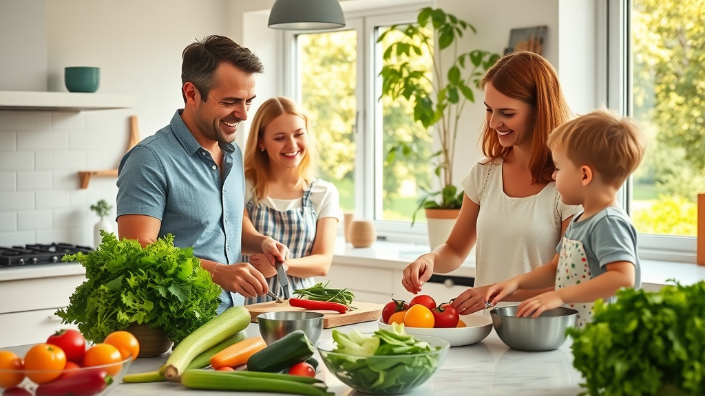 family preparing healthy meals together chronic disease self-care kitchen physical activity