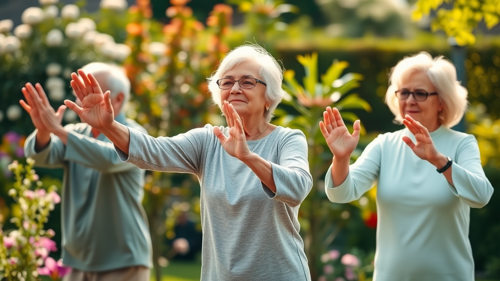 older adults practicing tai chi in a sunlit community garden, highlighting gentle movement and wellness for this age group