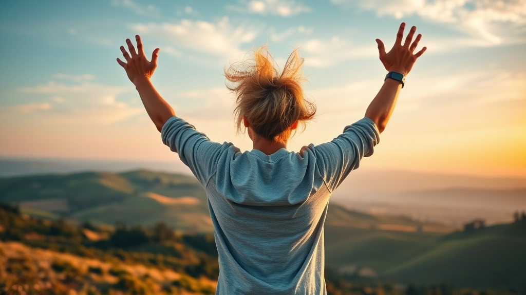 Person celebrating improved health after preventive wellness lifestyle atop sunrise viewpoint