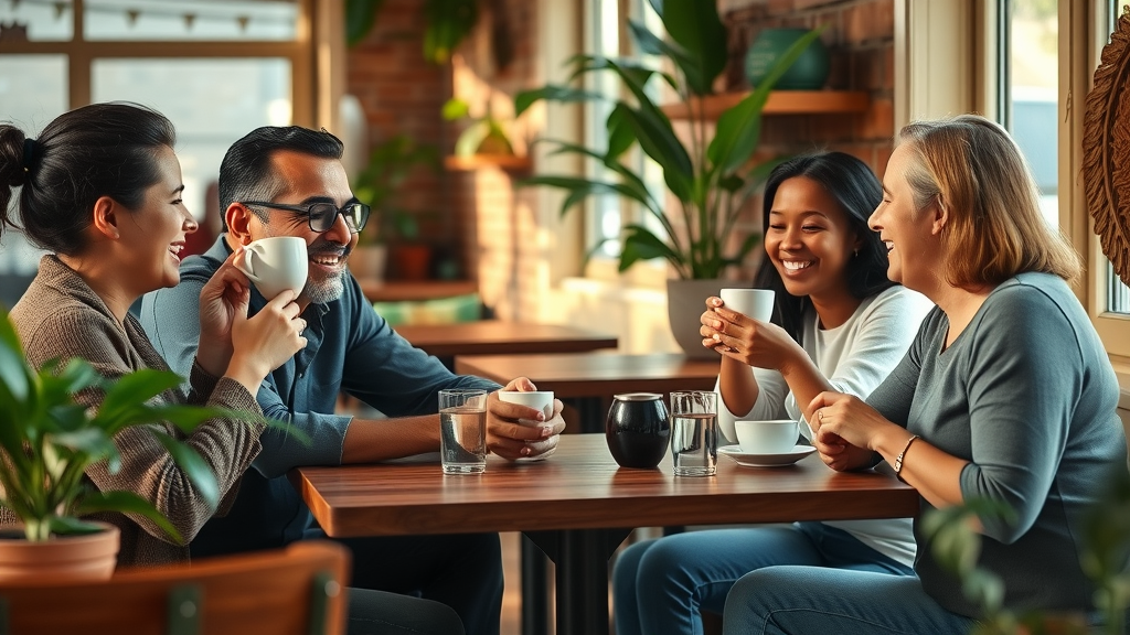 social wellness | Diverse friends sharing stories and laughter in a cozy café to nurture health and wellness impact