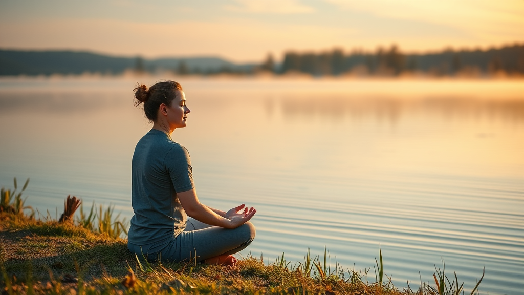 emotional well-being reflective person meditating solo by tranquil lakeside