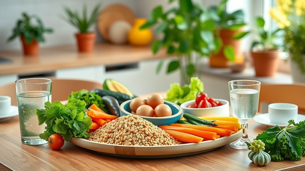colorful healthy meal and water on a table, symbolizing nutrition for mental wellness