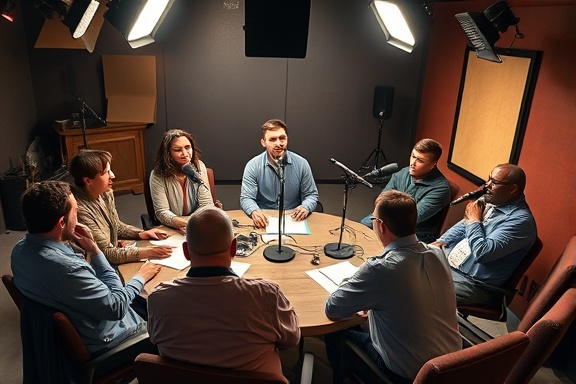 engaged podcast recording, dynamic, capturing a lively discussion, photorealistic, around a circular table surrounded by pop filters and mic stands, highly detailed, participants gesturing, varied textures, vibrant colors, directional spotlights, shot with a 35mm lens