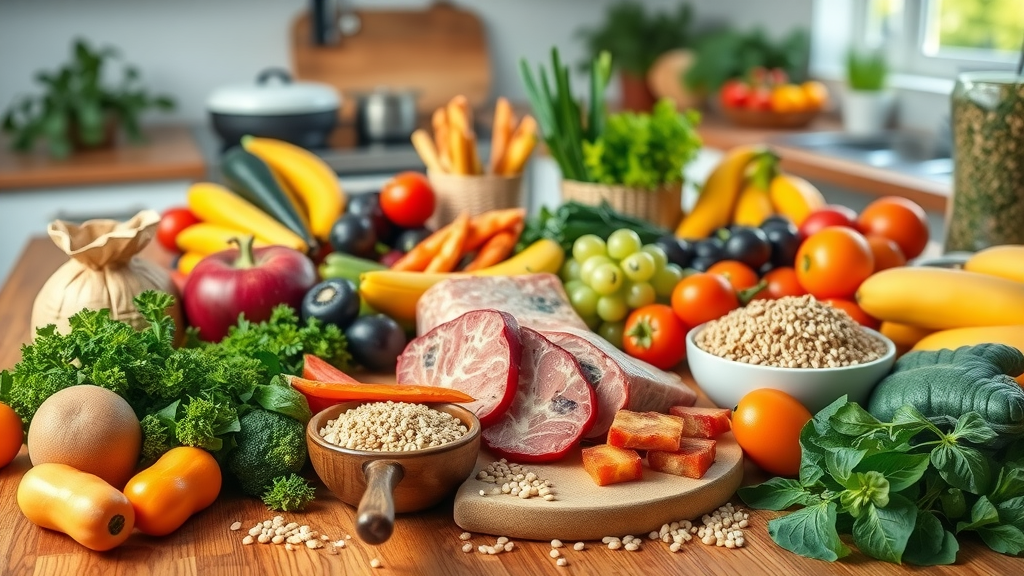 Array of fresh fruits, vegetables, grains, and proteins supporting nutrition for chronic disease prevention.