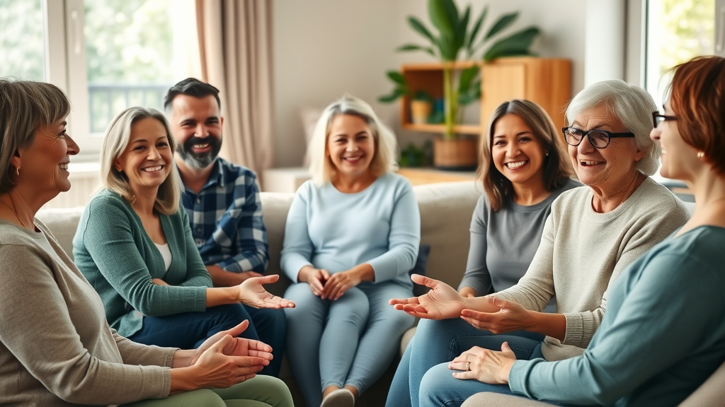 support groups for chronic diseases welcoming diverse adults in a supportive circle, smiling and engaged in a community room with sunlight