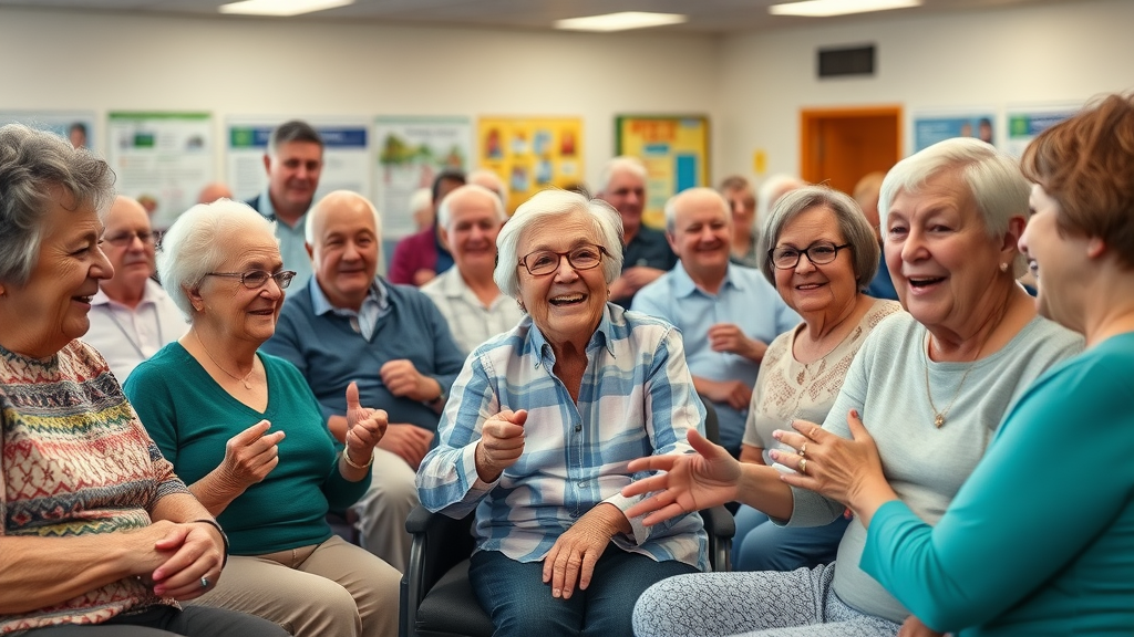 Inclusive group of seniors attending a community health workshop, learning about age-related chronic disease prevention