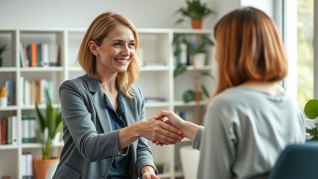 professional therapist offering psychological support by greeting client in modern therapy office