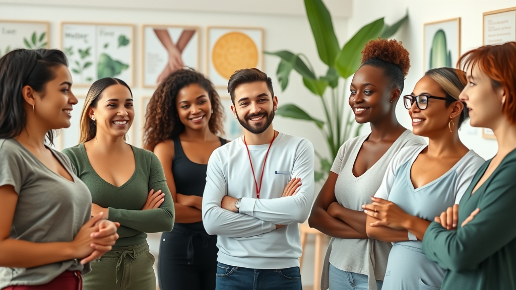 inspiring group of diverse wellness professionals, confident expression, conversing and collaborating in a bright modern studio with indoor plants, foundation for wellness