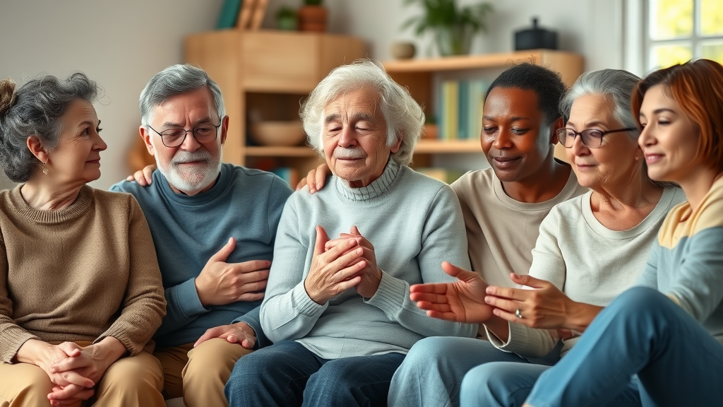 Coping strategies for chronic illness: diverse people supporting each other in a comforting living room setting