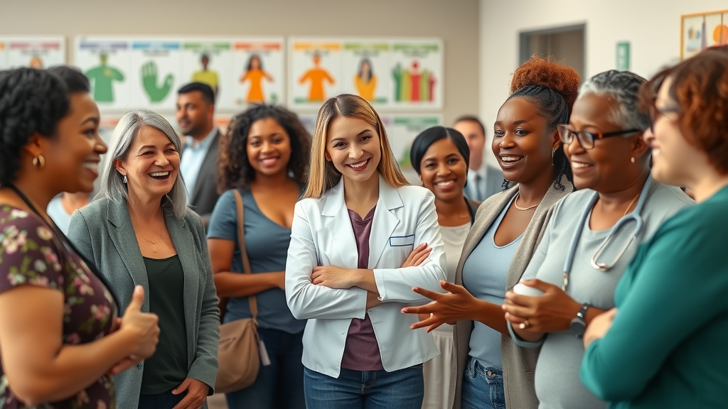 Inspiring group of diverse local health and wellness experts making a difference at community outreach event, community center, wellness posters