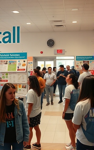 inspiring mentalhealth awareness, hopeful, spreading knowledge, photorealistic, community center with informational displays, highly detailed, people interacting energetically, vibrant colors, diffused lighting, shot with a zoom lens