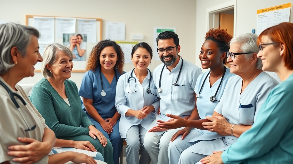 inspiring diverse group of adult patients and healthcare professionals discussing patient education for chronic illness