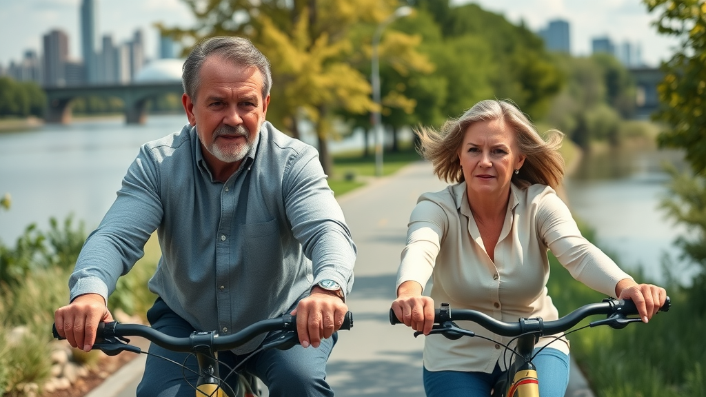 Middle-aged adults cycling together, reducing heart disease risk through regular physical activity