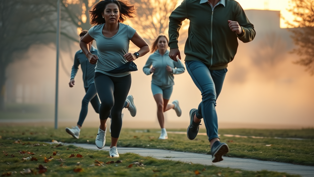 aerobic activity versus vigorous activity by age group, with people brisk walking and running side by side in a vibrant urban park at sunrise