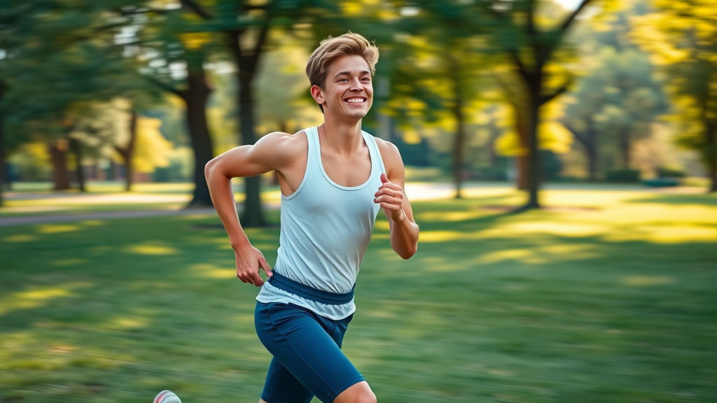 young adult running through a sunny park with joyful expression, exercise for stress management techniques