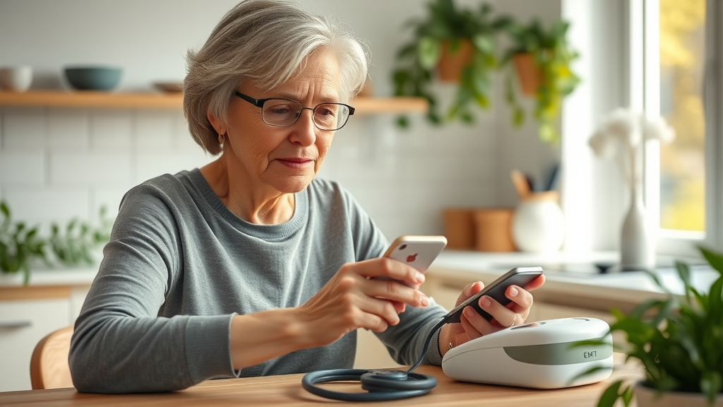 Senior woman using remote patient monitoring device for telehealth at home