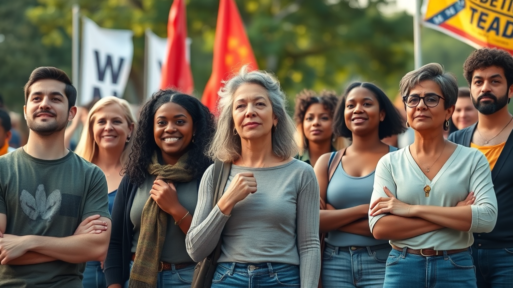 public health advocacy diverse community group standing together in city park