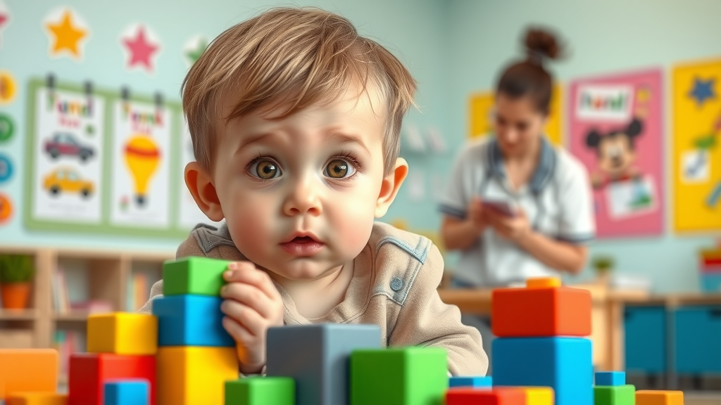 Child development and early life stages, young child building blocks in classroom