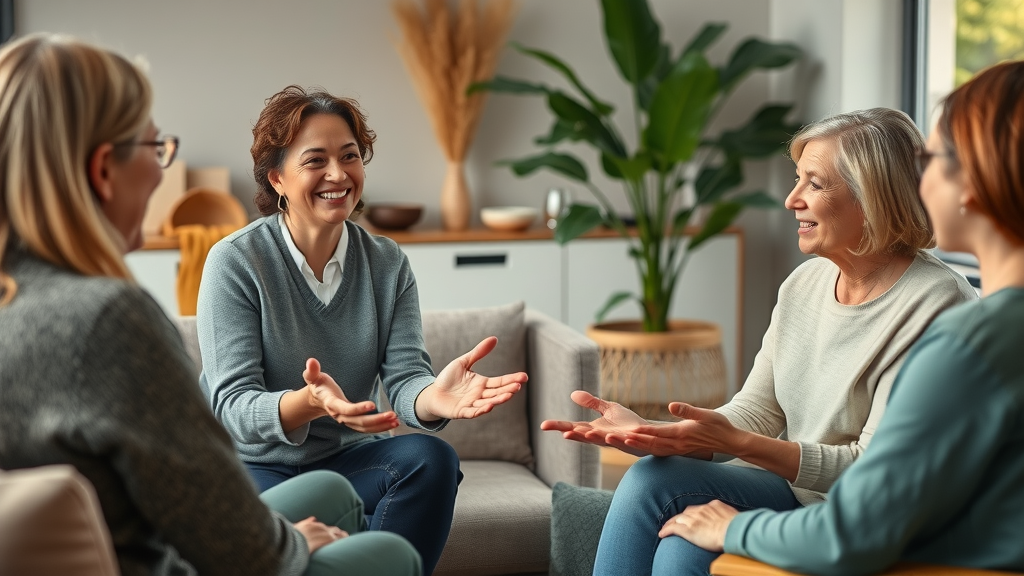 Caring wellness expert leading support group, sharing positive mental health stories, fostering emotional resilience, local health & wellness experts making a difference