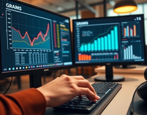 focused grams analysis, examining trends, highlighting data, photorealistic, modern office with dual monitors displaying graphs, highly detailed, fingers tapping on a keyboard, 35mm lens, warm tones, ambient office lighting, shot with a Sigma 35mm f/1.4 DG HSM Art lens.