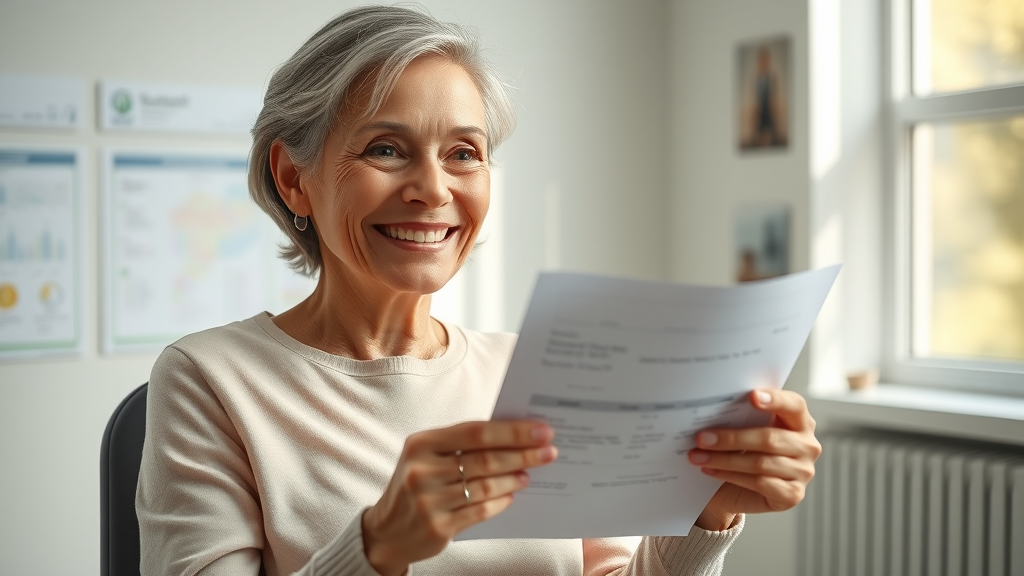 happy woman receiving preventive health screening results in exam room