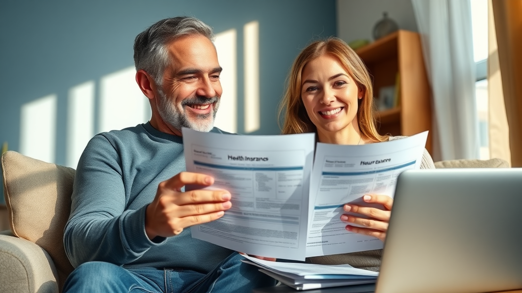 couple reviewing health insurance preventive healthcare coverage, home office, paperwork, preventive services