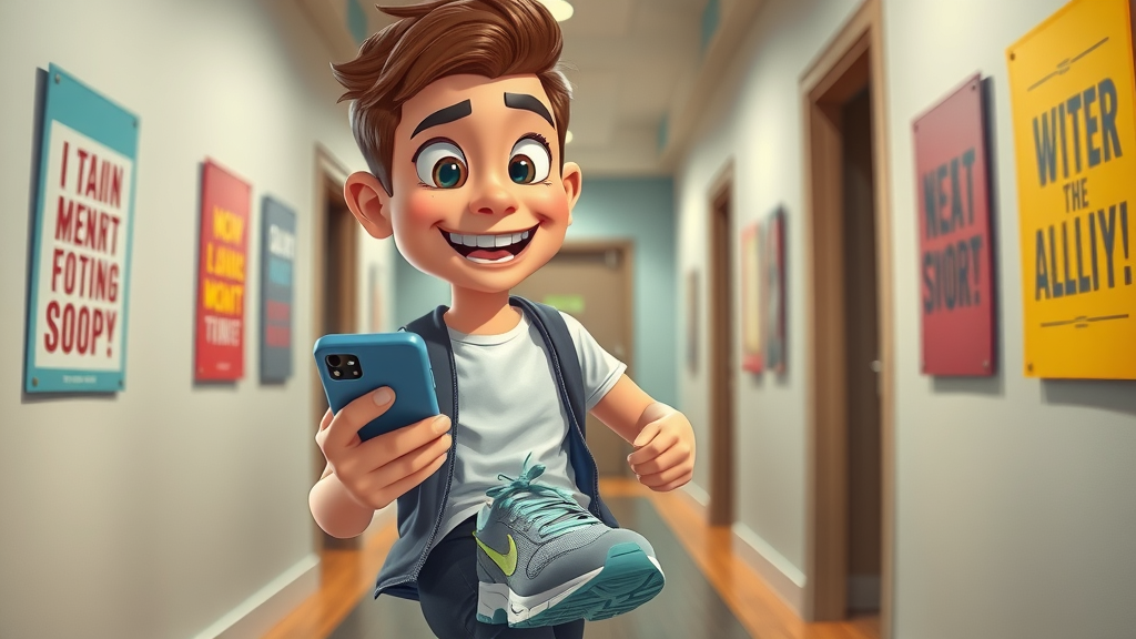 happy young adult building healthy lifestyle habits and using fitness tracking app with running shoes in an urban apartment, motivational posters, cheerful colors
