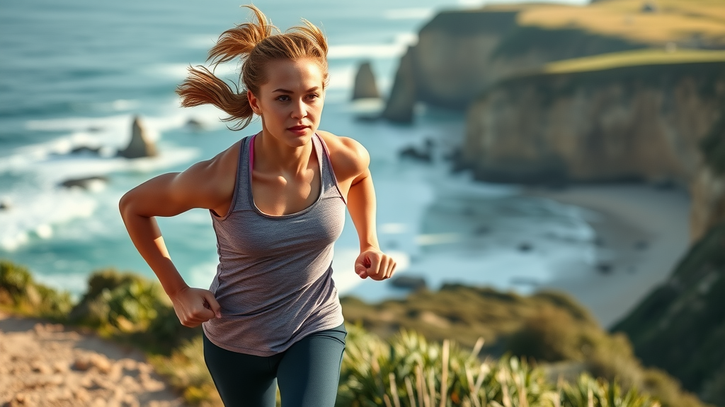 physical wellness | Energetic young adult running outdoors near ocean cliffs embodying health and wellness impact