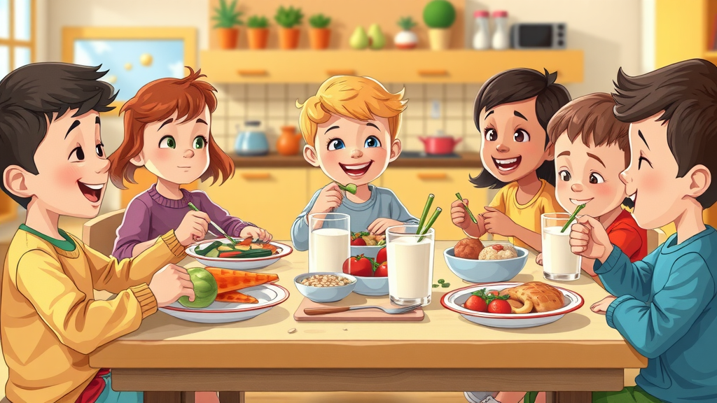 healthy eating: children and teenagers at a table enjoying balanced meals with vegetables, whole grains, and milk, in a lively and colorful setting