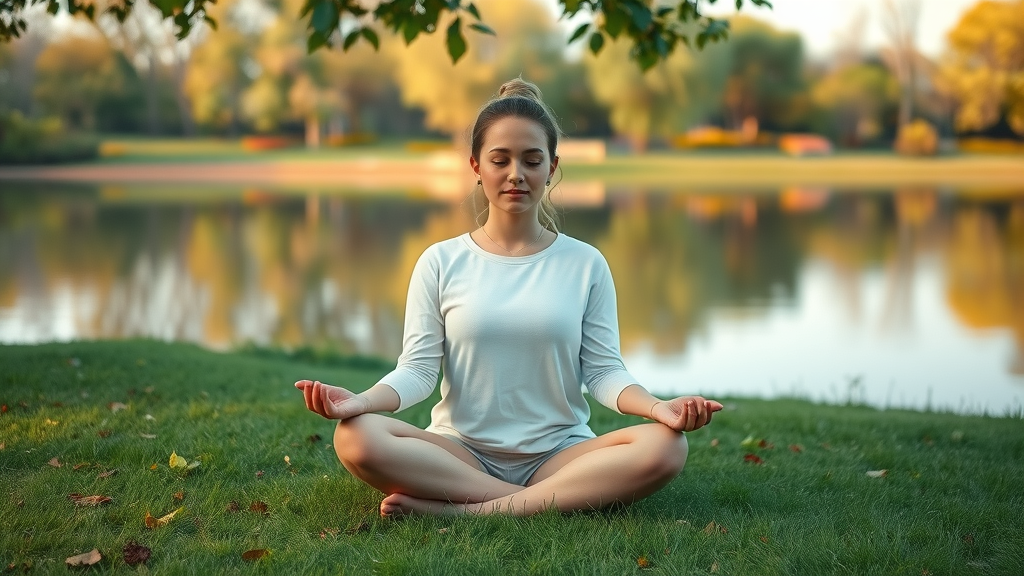 Peaceful person practicing mindfulness and preventive wellness lifestyle outdoors by a tranquil lake