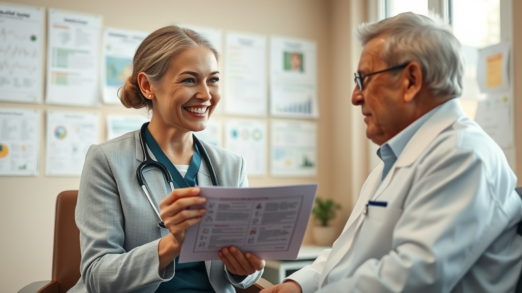 Attentive doctor discussing health checklist with elderly patient to address age-related health concerns