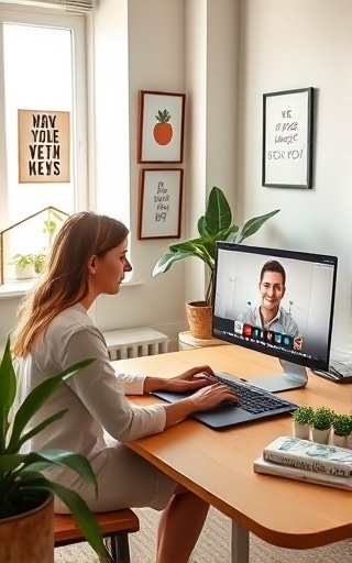 innovative health wellness consultant, engaging in virtual consultation, typing on a laptop, photorealistic, in a minimalist home office, with motivational posters and greenery, active videoconference screen, warm color palette, morning light through a window, shot with a standard lens.