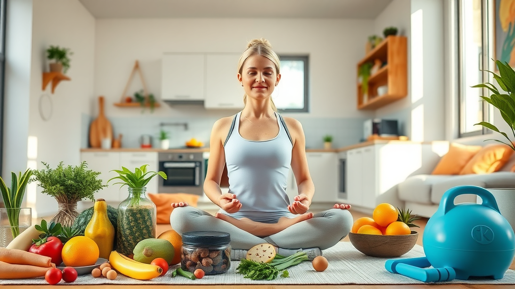 healthy foods, exercise equipment, and a calm person meditating for lifestyle-focused patient education for chronic illness