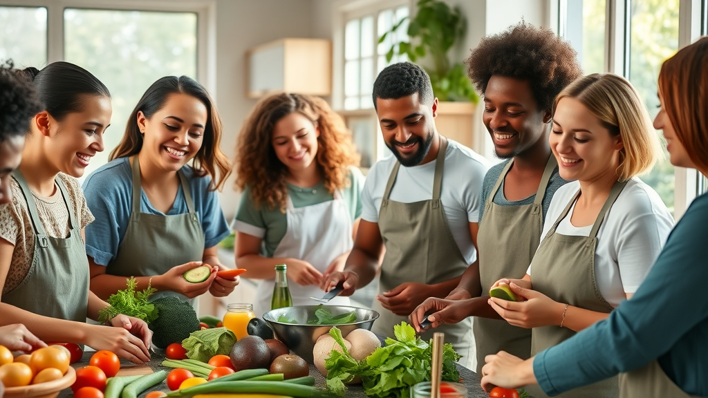 nutrition and wellness vibrant diverse group preparing a healthy meal, sharing recipes and fresh produce in a well-lit modern kitchen