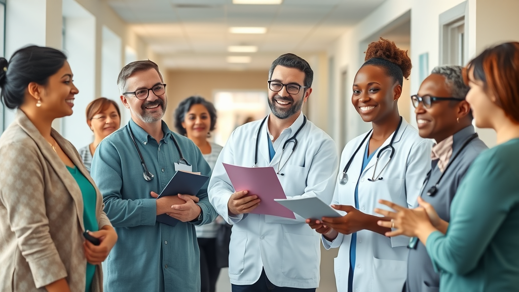 Local health experts assisting community members in a modern neighborhood clinic lobby