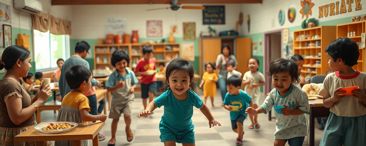 heartwarming nutrition story, heartening, illustrated in real-life scenarios, photorealistic, community center with families sharing meals, highly detailed, children running around playfully, zoom lens, vivid colors, spot lighting, shot with a 24-70mm lens.