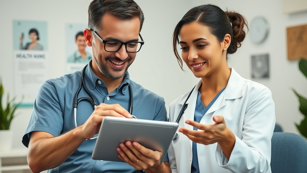 Doctor and patient in clinical office discussing preventive wellness lifestyle with digital health data
