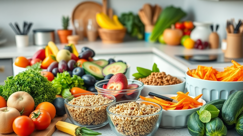 colorful fresh meal prep with fruits, vegetables, whole grains, and lean proteins for healthy eating and healthy lifestyle habits in a modern kitchen