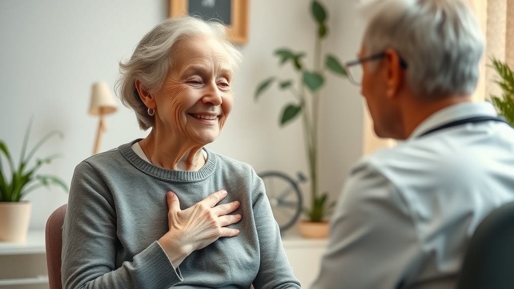 thoughtful elderly woman consulting with healthcare provider in a serene office emphasizing senior healthcare and public health