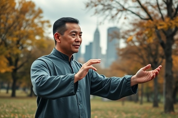 focused wellness mindfulness, serene expression, practicing tai chi, photorealistic, urban park with city skyline in the background, highly detailed, autumn leaves gently falling, shutter speed 1/250s, warm earthy tones, diffused lighting covered by passing clouds, shot with a 85mm lens.