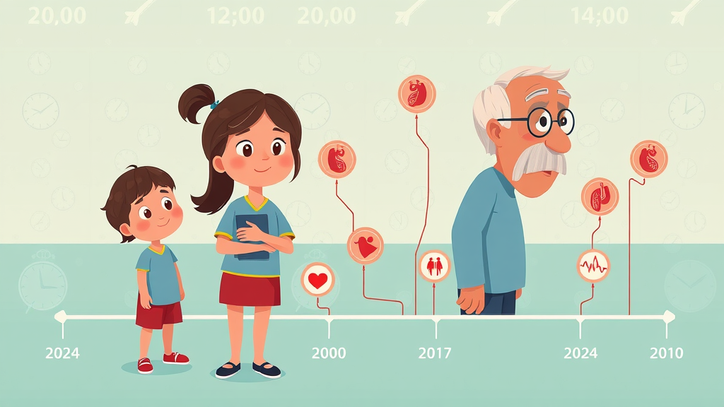 preventive health by age, timeline illustration of three generations and medical screenings at each life stage