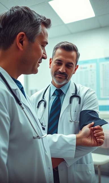 compassionate health medicine doctor, attentively listening, checking a patient's pulse, photorealistic, in a well-lit, organized clinic, with medical charts on walls, stethoscope draped around neck, clean and bright environment, cool tones, fluorescent lighting, shot with a 35mm lens.