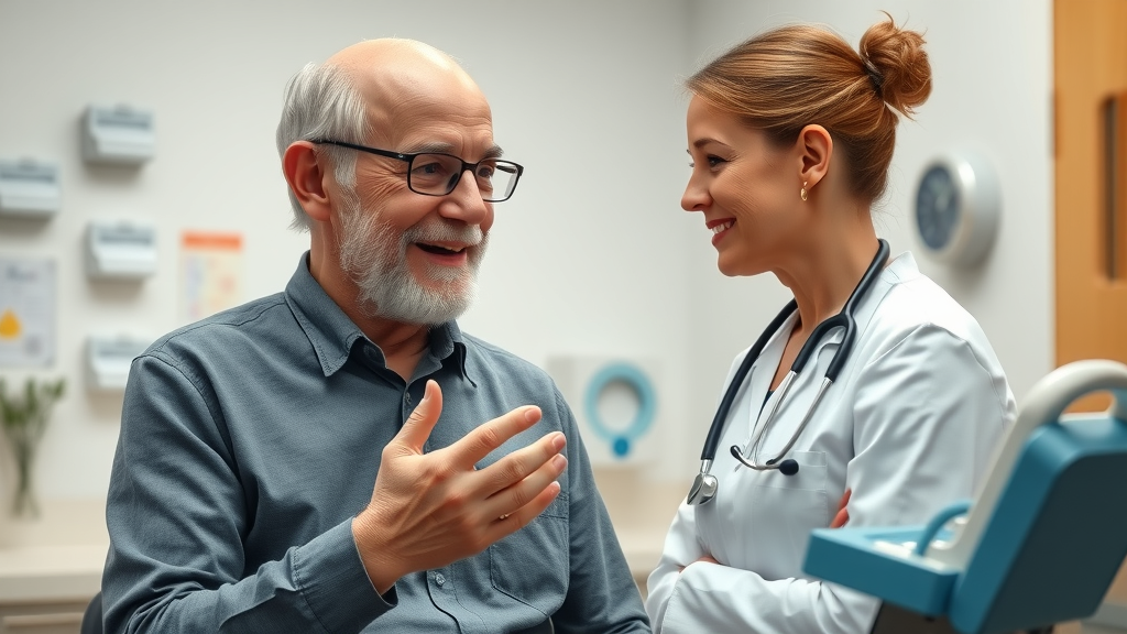 preventive health by age, elderly man chatting with nurse during routine health screening and checkup