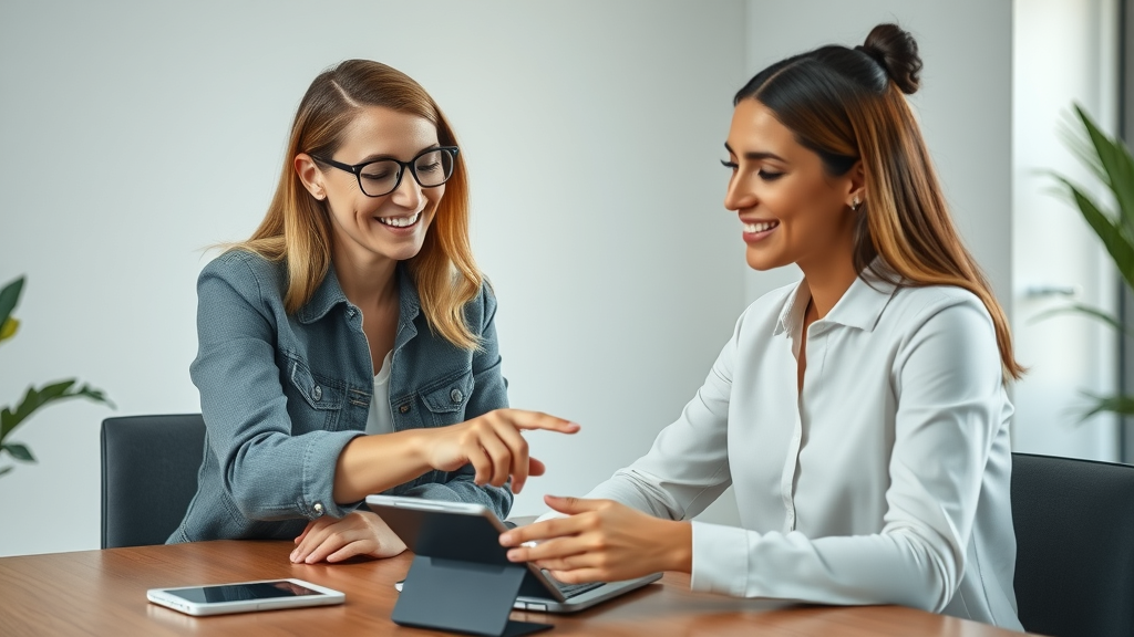 attentive certified wellness coach guiding client through digital wellness assessment in modern minimalist office