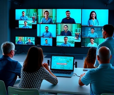 diverse group, collaborating expression, engaged in a virtual classroom project, photorealistic, digital education environment with shared screens and breakout rooms, highly detailed, animated participant interactions, HDR, deep blue and green tones, studio lighting, shot with a 24mm wide-angle lens.