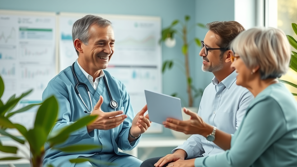 Empathetic local health and wellness expert consulting a family, demonstrating preventative care approaches, patient care, primary care, community wellness