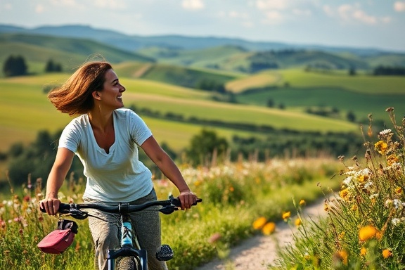 harmonious wellness lifestyle, joyful expression, cycling through countryside, photorealistic, picturesque rolling hills in the background, highly detailed, wildflowers swaying in the breeze, f/8 aperture, vibrant colors, soft morning light, shot with a 35mm prime lens.