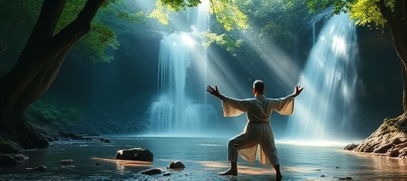 soothing wellness retreat, tranquil, practicing tai chi near waterfall, photorealistic, a secluded grove with cascading water and mist, highly detailed, water lightly spraying, cool blues and greens, dappled sunlight, shot with an ultrawide lens